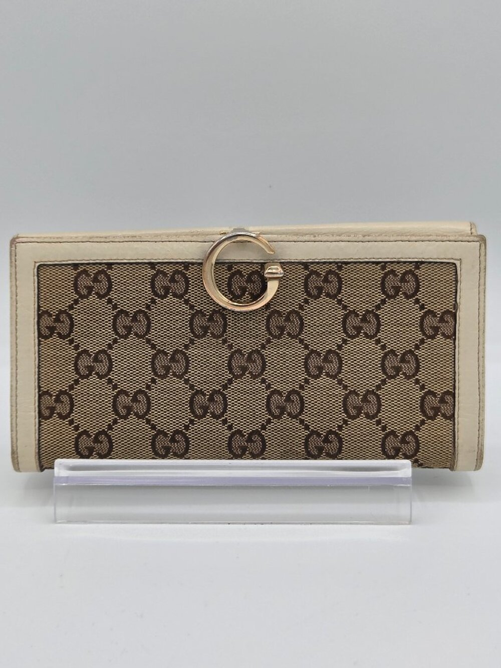 Gucci GG Canvas & Leather G Bit Continental Wallet | White/Beige | Authentic